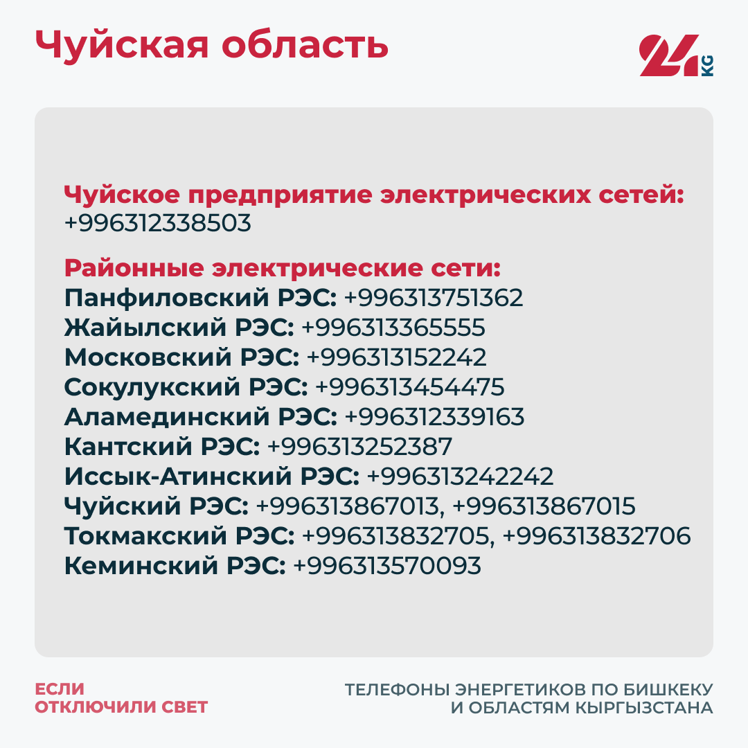 Если отключили свет. Телефоны энергетиков по Бишкеку и областям Кыргызстана  - | 24.KG